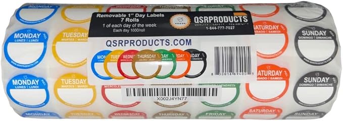 Removable Day Label - 1 inch - Peel Tab - Week (Mon-Sun) (7000 Stickers) - Food and Restaurant Day Dots - FIFO - Inventory Management Labels - Meal Prep Stickers - Gift Tags