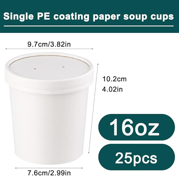 16 oz 25 Pcs Paper Soup Cups with Lids, Disposable Soup Cups, Ice Cream Containers, White Disposable Soup Containers White for Hot or Cold Soup