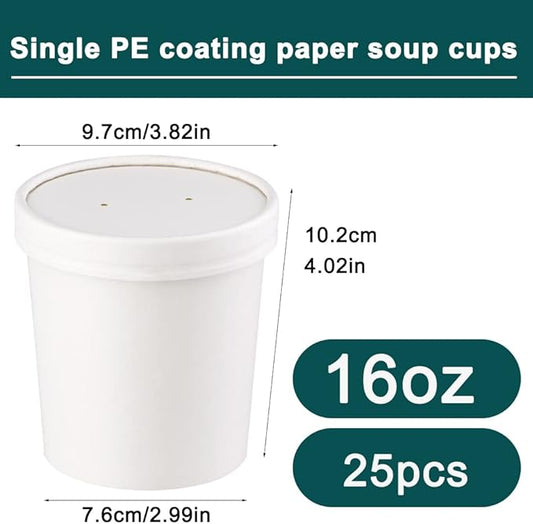 16 oz 25 Pcs Paper Soup Cups with Lids, Disposable Soup Cups, Ice Cream Containers, White Disposable Soup Containers White for Hot or Cold Soup