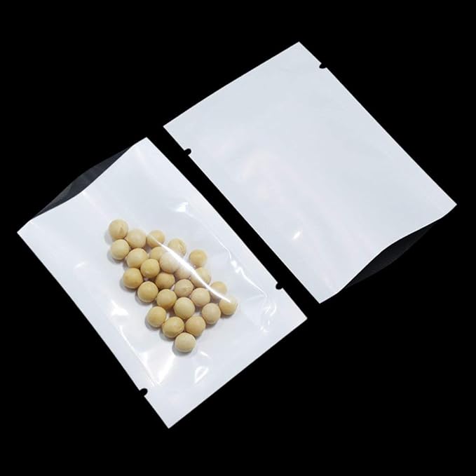 PABCK 100Pcs 4.7x7.1 inch(Usable Size 4.3x6.7 inch) White Front Clear Open Top 2.8mil Plastic Vacuum Pouch Heat Sealable Bags for Food Storage Packets Mini Sample with Tear Notches