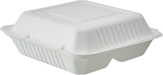 [9X9 3-Compartment 75-Pack Bio Natural Clamshell Take Out Food Containers with Lids, Disposable Bagasse Togo Plates, Eco-Friendly Biodegradable Made of Sugar Cane Fibers