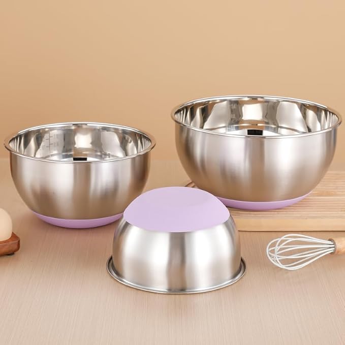 Mixing Bowl Stainless Steel with Nonslip Silicone Bottom Metal Kitchen Bowl Baking Cooking Salad Dishwasher Safe, 3.5QT