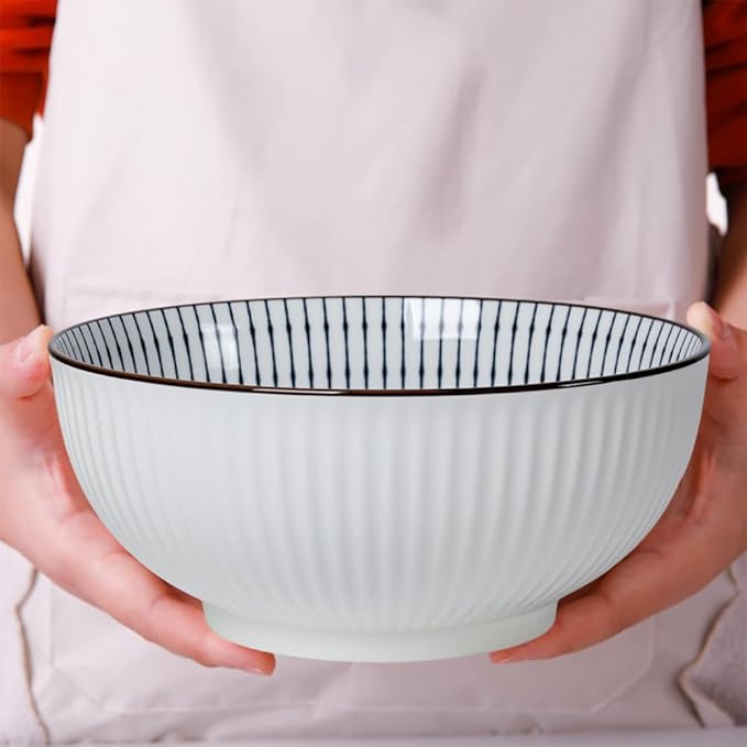 QINLANG Large Soup Bowls, Pho & Ramen Set of 3, 60 oz Blue & White Porcelain Big Bowls - Striped Pattern