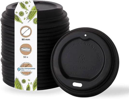 BIOZOYG Takeaway coffee cup lids Ø 80 mm I 50 lids for paper cups made of CPLA bioplastic 100% bioplastic, compostable I hole straw lid black flat cup