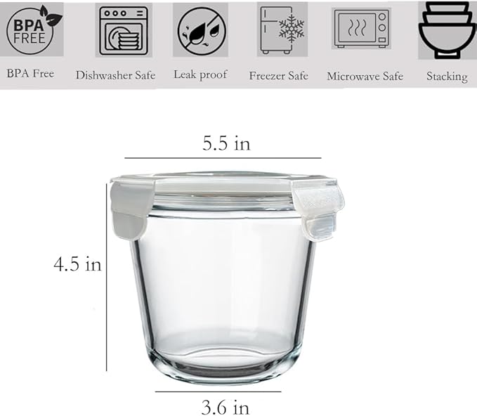 24 Oz Glass Food Storage Container, 3 Cup Glass Soup Container with Airtight Lids, Round Meal Prep Containers, Leakproof Soup Storage Container, DishwasherMicrowave & Freezer Safe (4 Pack)