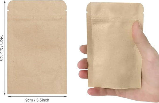 SumDirect Kraft Stand Up Pouches - 50 Pack 3.5x5.5 Inch Zipper Food Storage Reusable Bags with Foil Lined for Home or Business