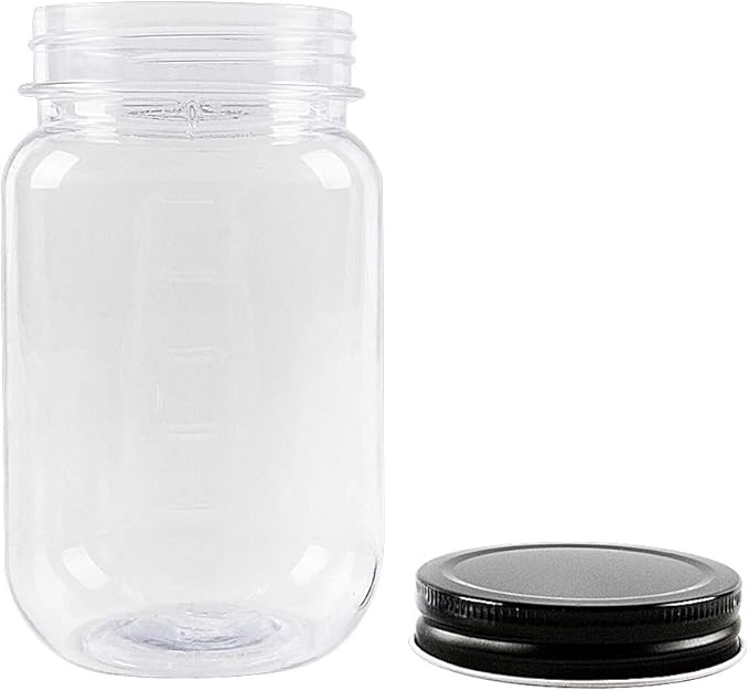NovelinKs 16 Ounce Plastic Jars with Black Lids - Refillable Round Clear Containers - Storage for Kitchen & Household - BPA Free (10 Pack)