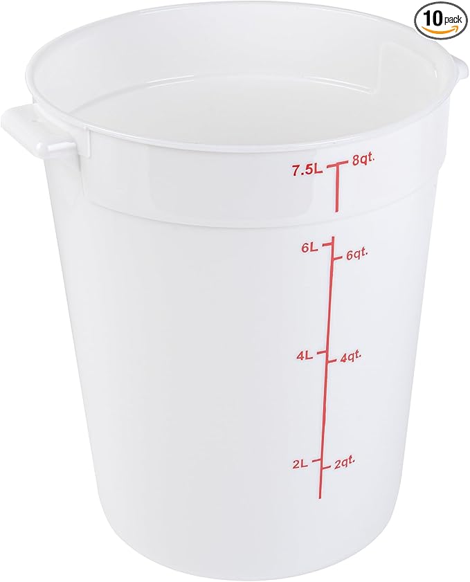 Restaurantware-Met Lux 8 Quart Food Storage Containers, 10 White Storage Containers - Lids Sold Separately, Red Volume Markers, Dishwashable Containers, Side Handles, For Storing Foods