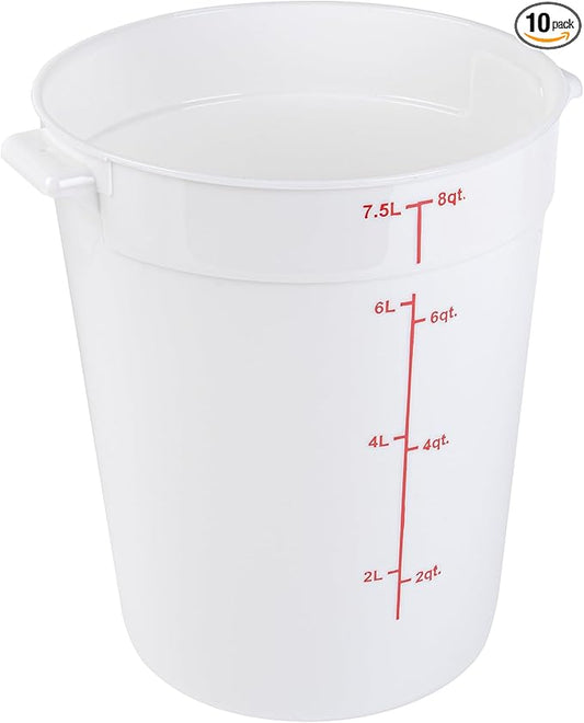 Restaurantware-Met Lux 8 Quart Food Storage Containers, 10 White Storage Containers - Lids Sold Separately, Red Volume Markers, Dishwashable Containers, Side Handles, For Storing Foods