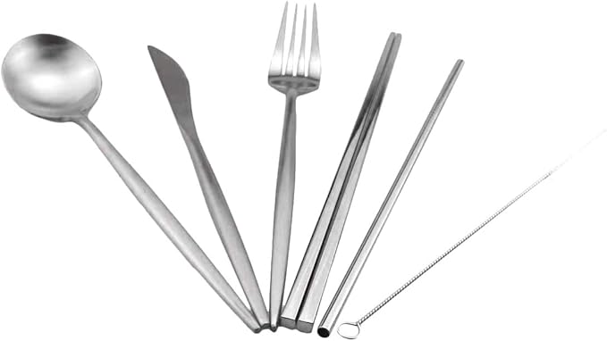 Reusable Travel Utensils, 7 Pieces Portable 18/10 Stainless Steel include Knife Fork Spoon Chopsticks Cleaning Brush Straws Portable Pouch, Eco-friendly Camping Silverware Set, Dishwasher Safe