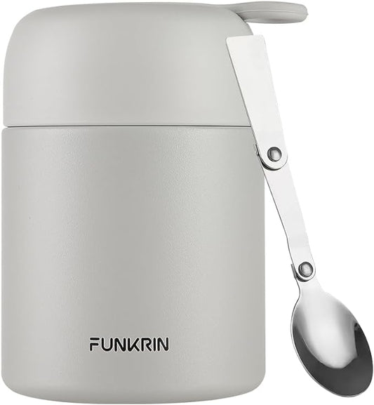 Funkrin 16oz Insulated Food Jar with Folding Spoon,Stainless Steel Lunch Bento Box for Kids Adults, Vacuum Leak Proof Soup Container for Hot & Cold Food
