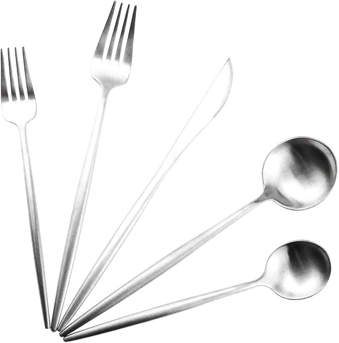 Silver Flatware, Royal 5 Piece Luxury Matte Finish 18/10 Stainless Steel Tableware Sets for 1 Including Forks Spoons Knives, Camping Silverware Travel Utensils Set Cutlery (Silver)