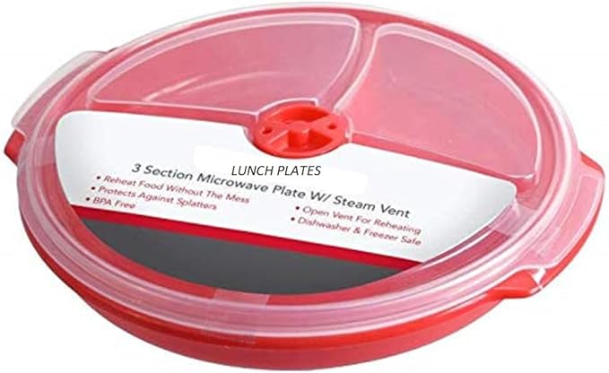 Home Products Essentials 2 Pack- Microwave Food Storage Travel Tray Containers -Portion Control - 3 Section Compartment Divided Plates with Vented Lid For Easy Reheat - Durable Quality (2, Red)