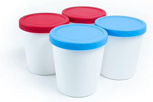 LIN Ice Cream Containers 4-Pack - 1Quart Reusable Round Storage Tubs for Homemade Ice Cream & Frozen Treats, Silicone Lids - Non-BPA Plastic - Dishwasher-Safe - No Freezer Burn