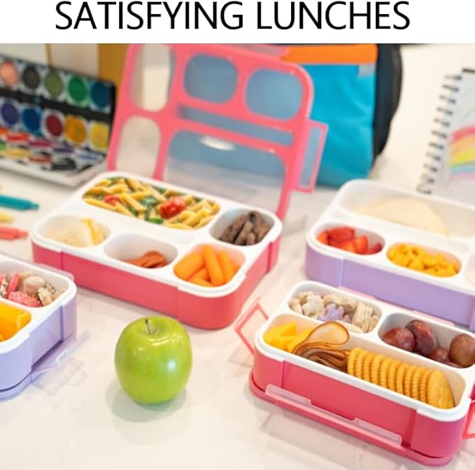 kinsho Bento Box Lunch Boxes and Snack Containers, Value Pack for Kids Girls Boys | Leakproof Portion Boxes for School Pre-School Toddler Daycare Travel, BPA Free | Set of 4, Pink Purple