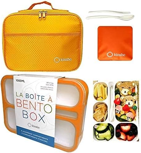 Bento-Box with Bag and Ice Pack. Lunch Boxes Snack Containers for Kids Boys Girls Adults. 6 Compartments, Leakproof Portion Container Boxes Insulated Bags for School Lunches, BPA Free, Orange