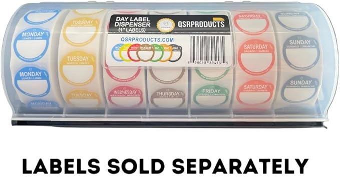 7-Slot Day of The Week Covered Label Dispenser (for 3/4" & 1" Labels) - Food Sticker Holder for Inventory Management and Meal Prep, Protects Labels Inside