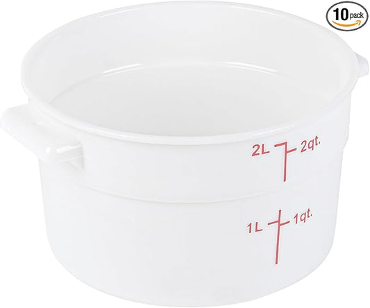 Restaurantware-Met Lux 2 Quart Food Storage Containers, 10 White Storage Containers - Lids Sold Separately, Red Volume Markers, Dishwashable Containers, Side Handles, For Storing Foods