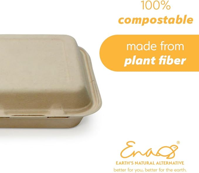 100% Compostable Disposable Food Containers with Lids [8”X8” 200 Pack] Eco-Friendly Take-Out TO-GO Containers, Heavy-Duty, Biodegradable, Unbleached by Earth's Natural Alternative