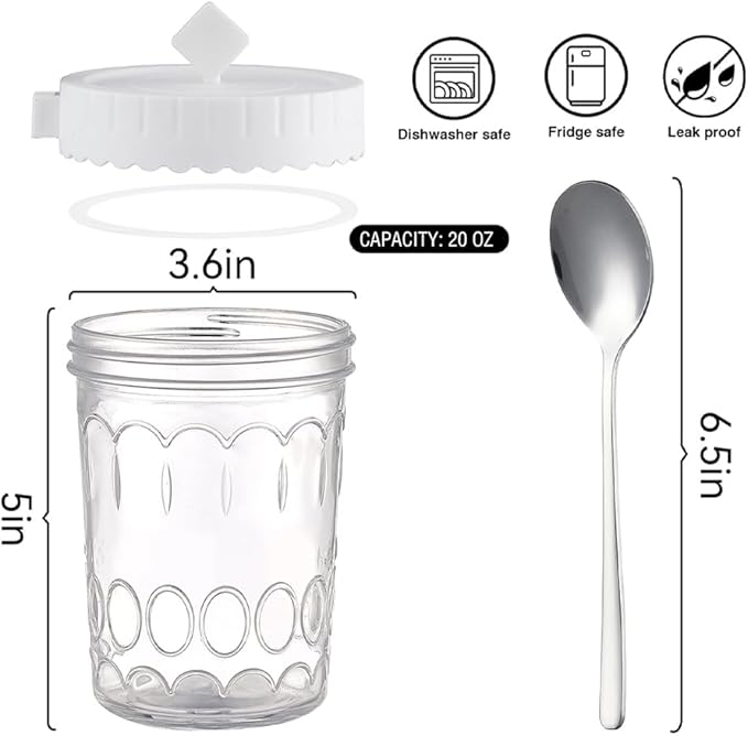 4 Pack Glass Yogurt Parfait Jars with Lids and Spoons, 100% Leak Proof Mason Jars, 20 oz Meal Prep Containers Reusable, Glass Jars for Overnight OatsYogurtSoupSnackParfait - White