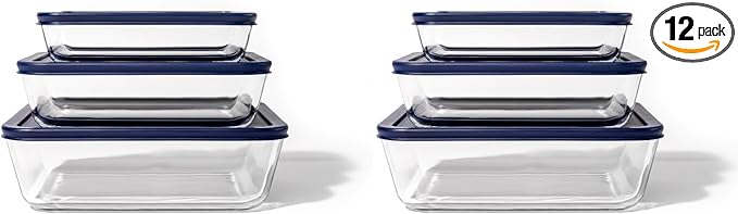 12-Piece Glass Food Storage Containers Set (6 Containers + 6 Lids) |Rectangular, Nesting, Microwave & Dishwasher Safe |BPA-Free, Space-Saving | Blue Lids for Pantry & Kitchen Organization