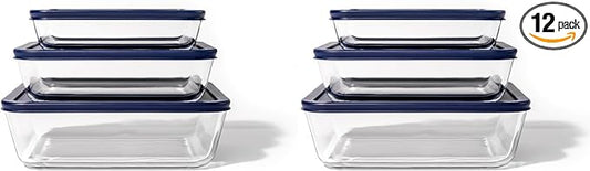 12-Piece Glass Food Storage Containers Set (6 Containers + 6 Lids) |Rectangular, Nesting, Microwave & Dishwasher Safe |BPA-Free, Space-Saving | Blue Lids for Pantry & Kitchen Organization