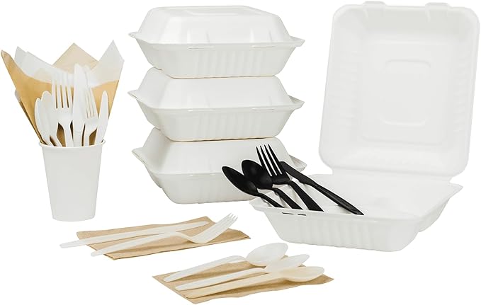 KARAT EARTH Clamshell Take Out Food Containers [8"x8", 200 ct ] 3 Compartments | Compostable To Go Containers, Natural Biodegradable Bagasse | White