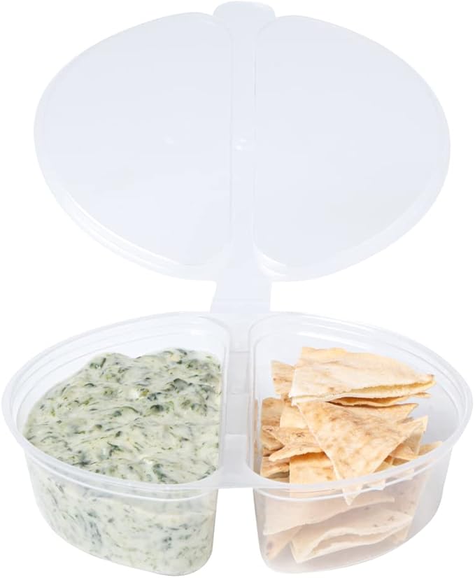Restaurantware Futura 4 Ounce Snack Containers 100 Microwavable Sauce Containers - 2 Compartments Hinged Lid Clear Plastic Portion Cups For Condiments Or Dips