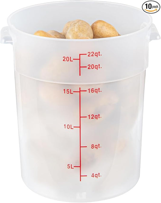 Restaurantware-Met Lux 22 Quart Food Storage Containers, 10 Translucent Storage Containers - Lids Sold Separately, Red Volume Markers, Dishwashable Containers, Side Handles, For Storing Foods