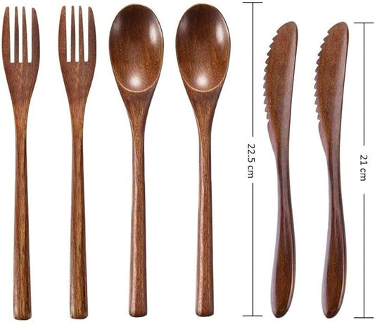 Wooden Spoon Fork Knife Eating Flatware Set Portable Utensil Set with Case, Reusable Wooden Cutlery Travel Utensils Set, 2 Spoons and 2 Forks and 2 Knives