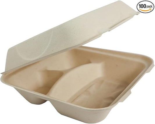 World Centric Compostable Clamshell Containers 9x9x3'', 3-Compartment - Grease and Moisture Resistant - 100 Pack