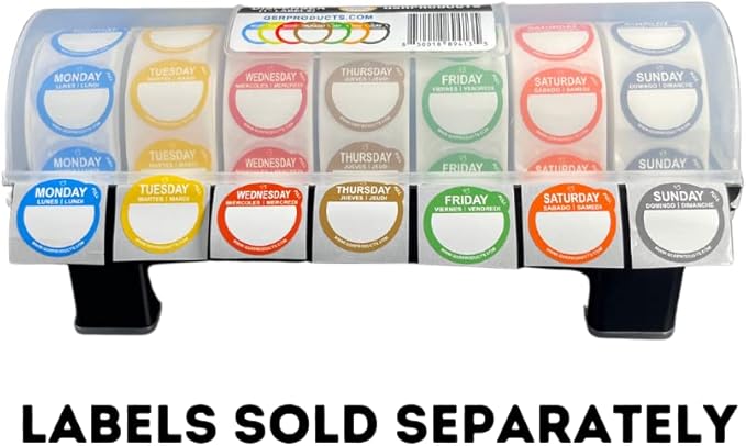 7-Slot Day of The Week Covered Label Dispenser (for 3/4" & 1" Labels) - Food Sticker Holder for Inventory Management and Meal Prep, Protects Labels Inside