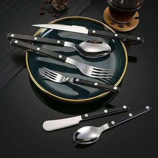 Silverware Set 6 pieces Stainless Steel Cutlery Set Color Handle with Rivet/Retro Style Flatware - Dinner Knife, Dinner Fork, Salad Fork,Soup Spoon,Teaspoon, Spreader (Black), Regular