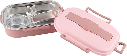 Raguso Boxs Dinnerware 4?Grid Lunch Box Stainless Steel Meal Prep Containers,for Canteens Office Family Food Storage Container (Four-compartment lunch box with soup bowl: pink)