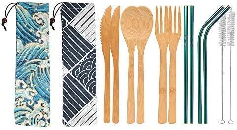 UPTRUST 2 Set Bamboo Cutlery Set Bamboo travel Utensils reusable bamboo utensils with case, 7.8 Inches Bamboo Knife, Fork, Spoon, 3 colors Metal Straw Portable Travel Set (Rainbow Straw)