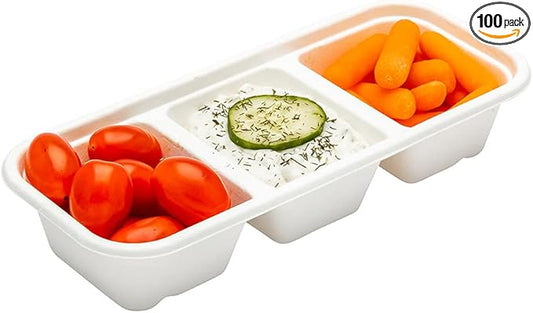 Restaurantware Pulp Tek 9.2 x 3.8 x 1.8 Inch Takeaway Food Boxes 100 Microwavable Take Out Containers - Lids Sold Separately Freezable White Bagasse Catering Food Containers 3 Compartments