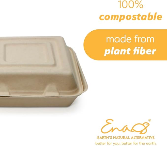 100% Compostable Disposable Food Containers with Lids [9”X9” 3-Comp 200 Pack] Eco-Friendly Take-Out TO-GO Containers, Heavy-Duty, Biodegradable, Unbleached by Earth's Natural Alternative