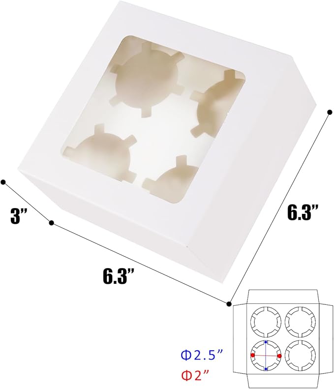qiqee Auto-pop Up 4 Cupcake Boxes with Window White 30 Packs Cupcake Box 6.3"x6.3"x3" Bakery Boxes For Cupcakes Carrier, Cupcake Containers