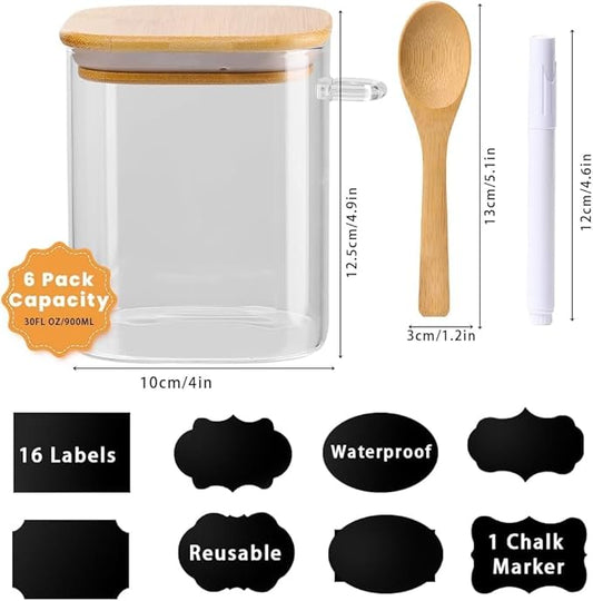 6 Pack Square Glass Jar with Bamboo Lids and Spoons - 32 OZ Overnight Oats Containers with Lids, Food Storage Glass Jars for Loose Tea, Meal Prep, Chia Pudding, Yogurt, Coffee, Sugar