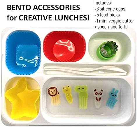 kinsho Bento Lunch Box with 9 Accessories for Kids, Snack Container Set with Food Picks, Silicone Cups, Steel Metal Vegetable Cutter and Utensils.Leakproof Set, BPA Free for Boys Girls Toddlers, Blue