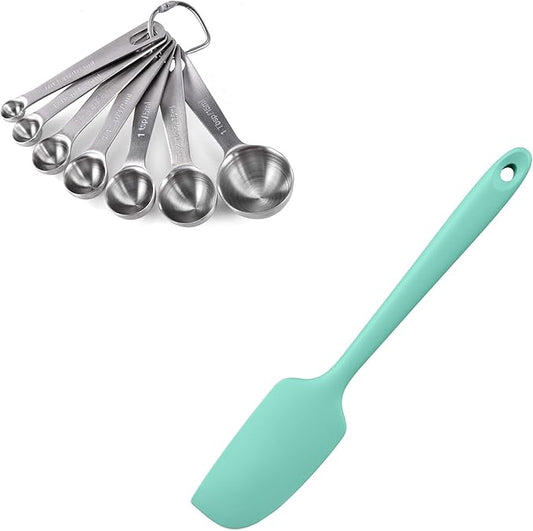 18/8 Stainless Steel Measuring Spoons Set for Dry and Liquid Ingredients (Set of 7), and 9×2inch 600ºF Heat-Resistant Food-Grade Small Mini Silicone Spatula (Aqua Sky)