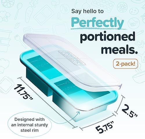 Souper Cubes 2 Cup Silicone Freezer Tray with Lids, Perfect for Storing Lasagna, Leftovers, Sauces, Portioned Meals and More, Silicone Soup Freezer Molds for Meal Prepping - Aqua - 2-Pack