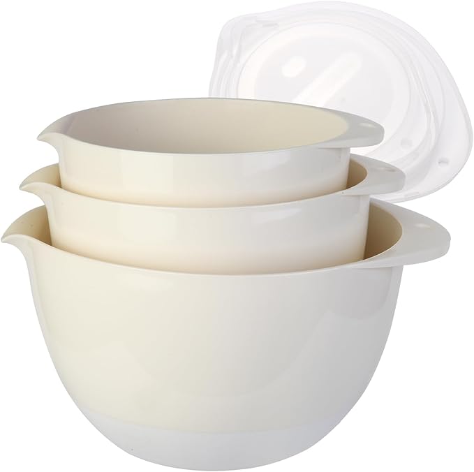 3 Plastic Mixing Bowls with Pour Spout,Lids and TPR Non-Slip Bottom,3Qt,2Qt,1.5Qt,Nesting Bowl Set for Kitchen Prep,Baking,Storage Food,Batter,BPA free,Dishwasher Safe,Easy to Grip,White