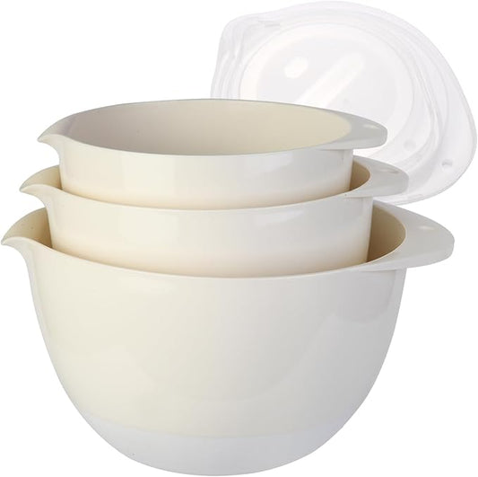 3 Plastic Mixing Bowls with Pour Spout,Lids and TPR Non-Slip Bottom,3Qt,2Qt,1.5Qt,Nesting Bowl Set for Kitchen Prep,Baking,Storage Food,Batter,BPA free,Dishwasher Safe,Easy to Grip,White