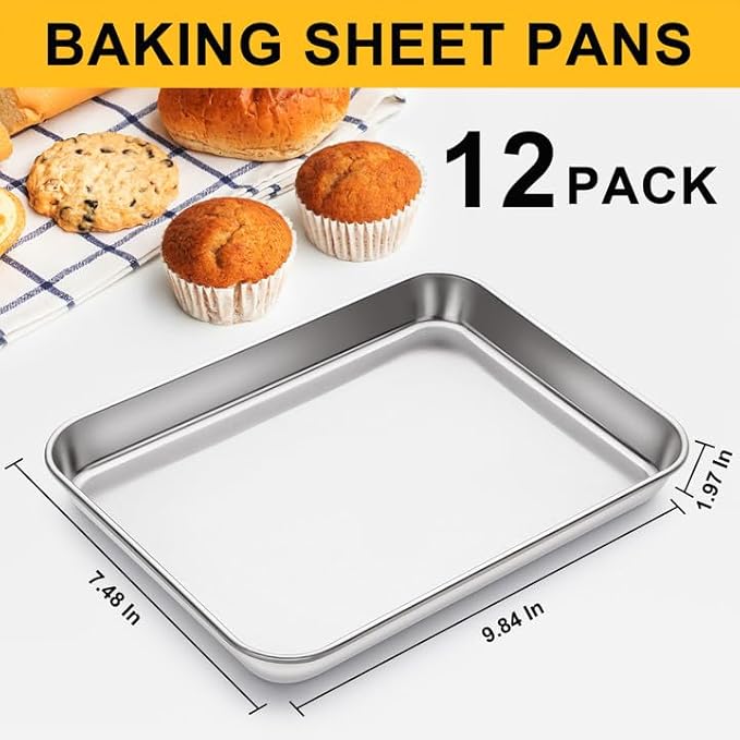 12Pcs Stainless Steel Baking Sheet Pan Set, Cookie Sheet Metal Baking Pan Oven Tray, Cooking Baking Sheet for Toaster Oven, Easy Clean, Dishwasher Safe, 9 x 7 x 1 Inch