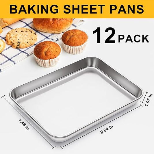 12Pcs Stainless Steel Baking Sheet Pan Set, Cookie Sheet Metal Baking Pan Oven Tray, Cooking Baking Sheet for Toaster Oven, Easy Clean, Dishwasher Safe, 9 x 7 x 1 Inch