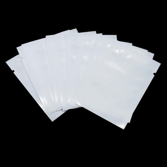 PABCK 100Pcs 4.7x7.1 inch(Usable Size 4.3x6.7 inch) White Front Clear Open Top 2.8mil Plastic Vacuum Pouch Heat Sealable Bags for Food Storage Packets Mini Sample with Tear Notches