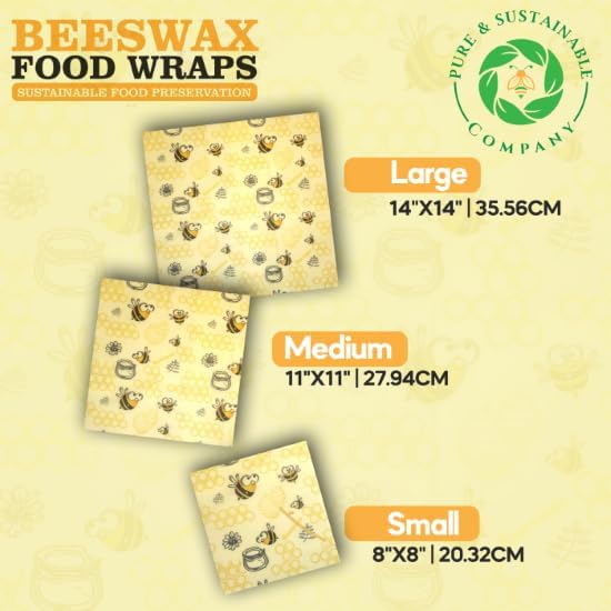 PURE & SUSTAINABLE COMPANY Beeswax Food Wraps – 3-Pack Reusable Organic Cotton Wraps – Washable, Plastic-Free, Eco-Friendly Food Storage – Cute Bear Pattern – (8x8, 11x11, 14x14)