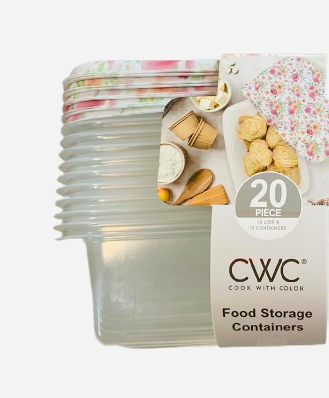 COOK WITH COLOR 20 PIECE PLASTIC RECTANGULAR FOOD CONTAINERS, 10 LIDS & 10 CONTAINERS CAPACITY 33.8 OZ (1L) 9 X 6 X 2 (CORAL FLOWERS)