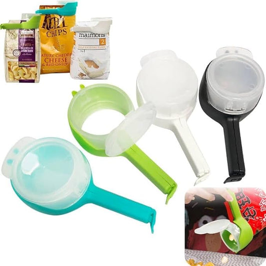 4pcs Bag Clip with Pour Spout, Seal and Pour Bag Clip, Snack Clips that Pour, Food Storage Bag Sealing Clip, Durable Plastic Clips for Food Storage (Round, Single Size)